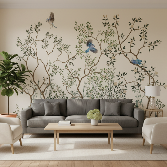 Living room with gray sofa, wooden coffee table, and decorative wall art.