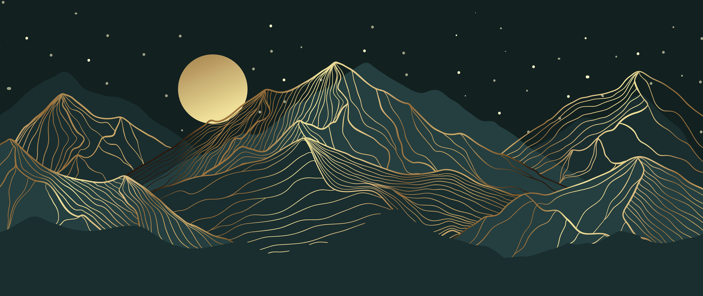 Line art of mountains and a moon against a dark background