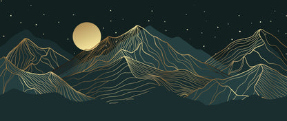 Line art of mountains and a moon against a dark background
