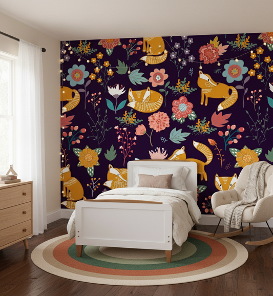 Children's bedroom with a colorful fox and floral tapestry on the wall.