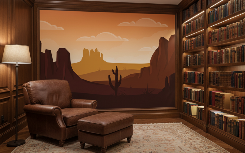 Library with leather chair, ottoman, and desert mural on the wall.