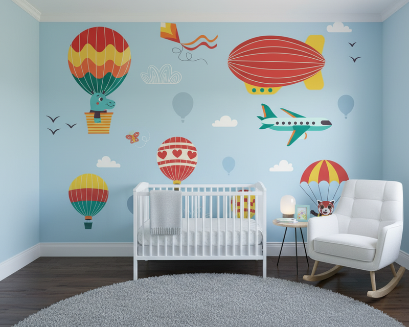 Nursery room with colorful wall decals of hot air balloons, planes, and birds on a light blue wall.