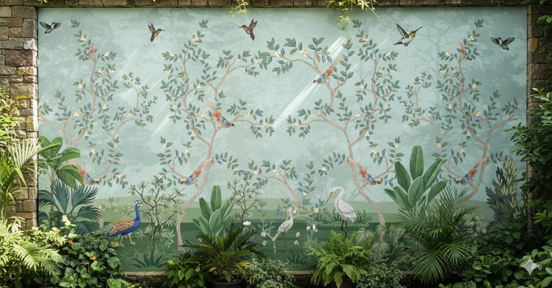 Decorative wall mural with birds and foliage on a light blue background