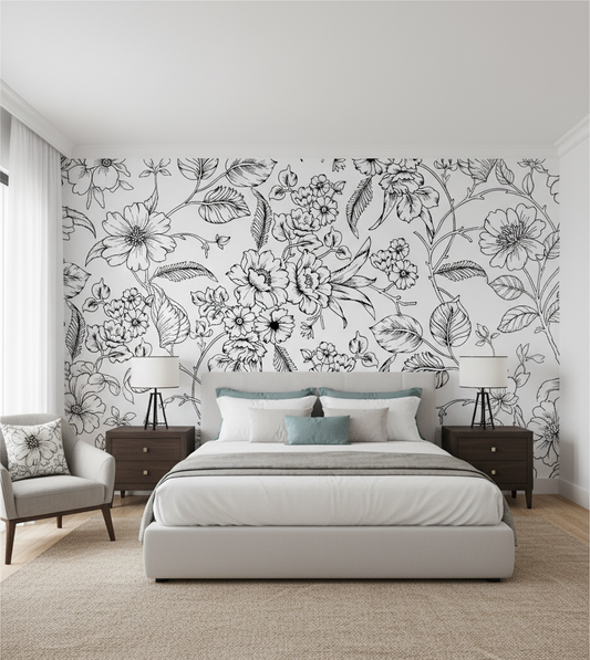 Bedroom with floral wallpaper and modern furniture
