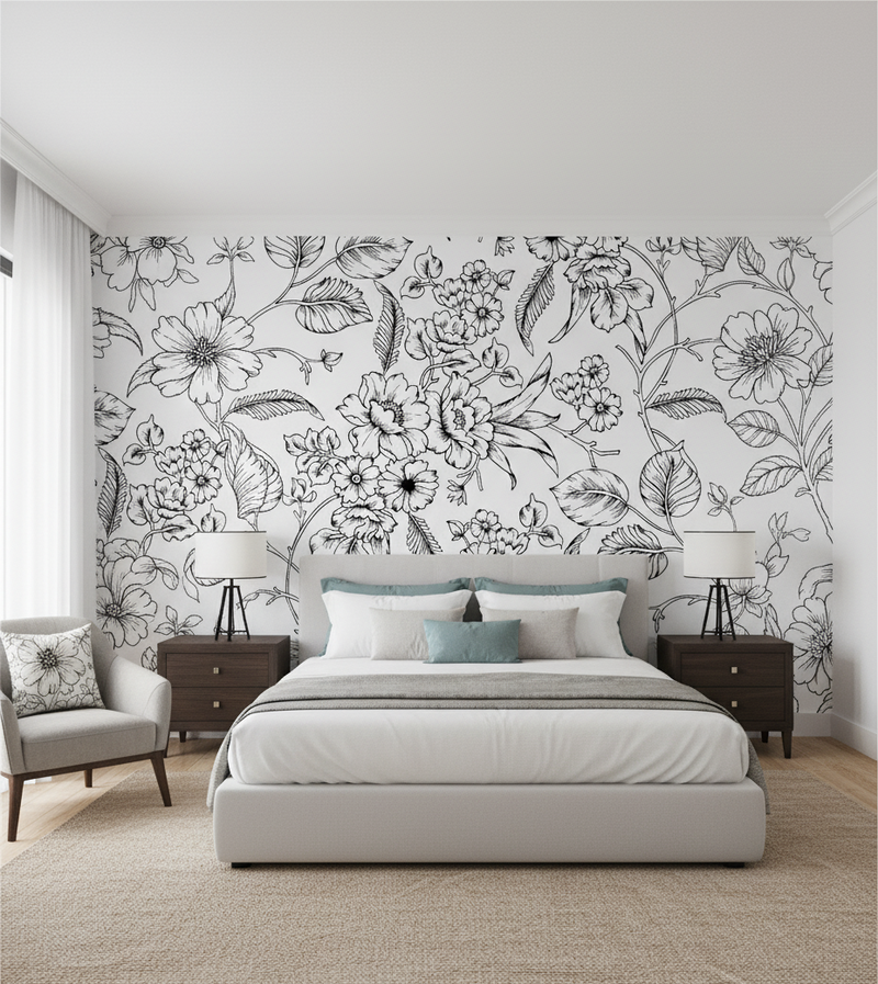 Bedroom with floral wallpaper and modern furniture