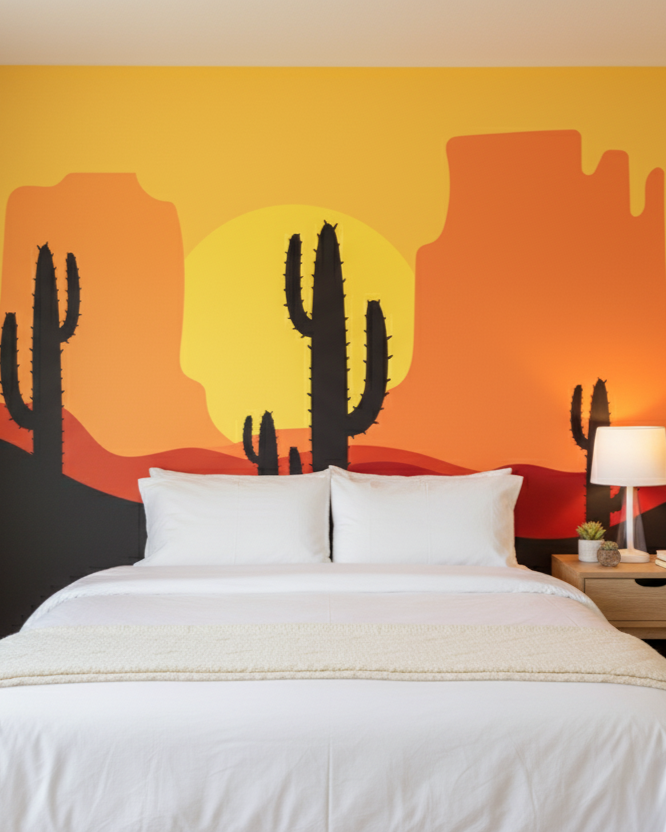 Bedroom with a desert-themed wall mural featuring cacti and a sunset.