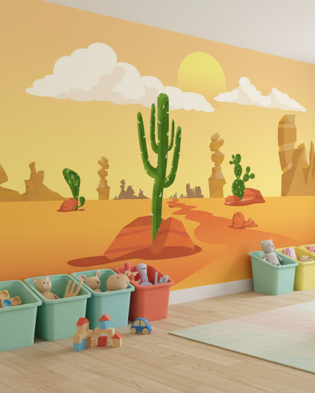 Children's playroom with desert-themed wall mural and colorful toys.
