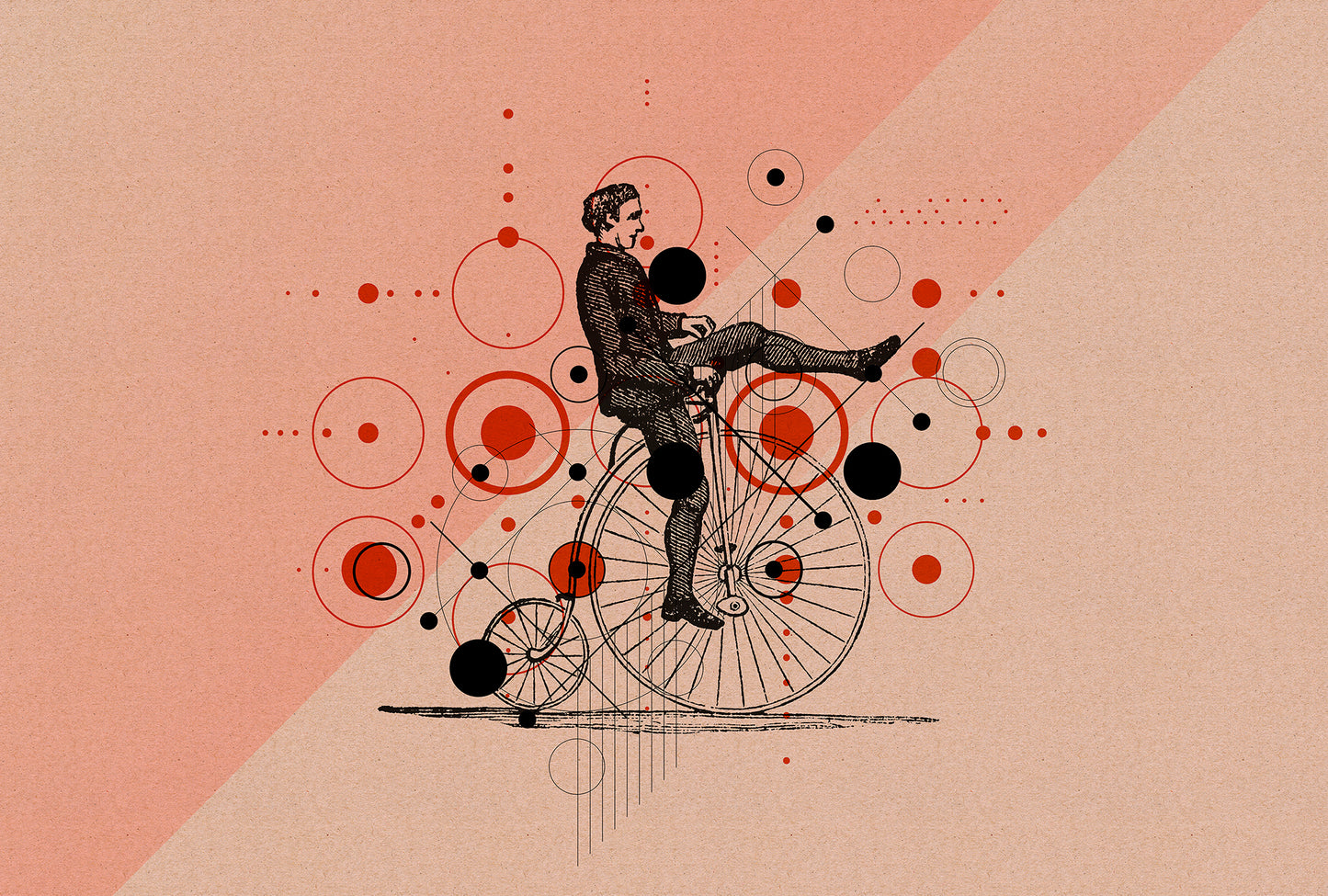 Illustration of a person riding a vintage bicycle with abstract circular designs on a pink background