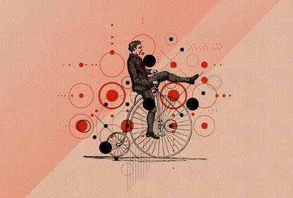 Illustration of a person riding a vintage bicycle with abstract circular designs on a pink background