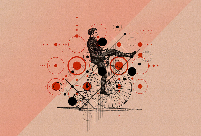 Illustration of a person riding a vintage bicycle with abstract circular designs on a pink background