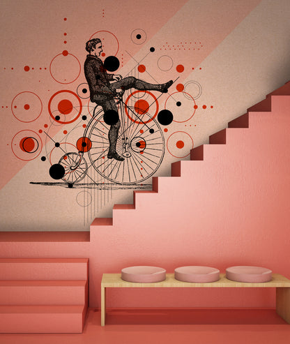 Stairwell with a vintage bicycle illustration on the wall, featuring geometric shapes.