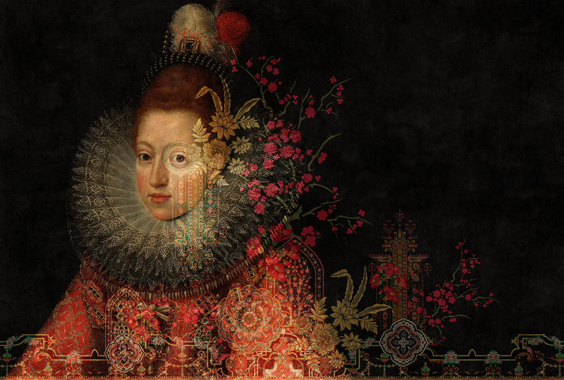 Portraits of a woman with floral elements and decorative patterns on a dark background
