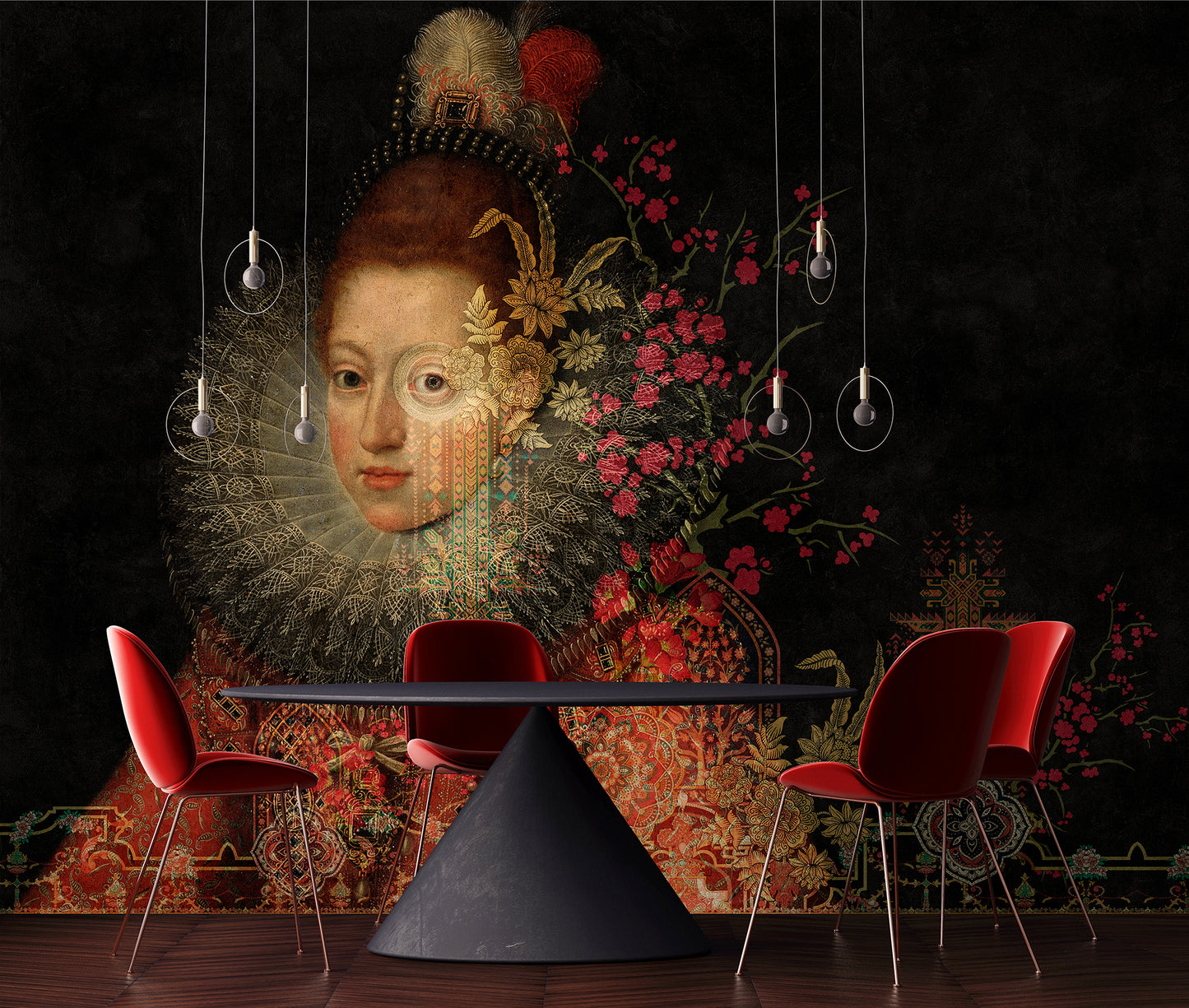 Dining area with a large decorative wall mural featuring a classical portrait and floral design, paired with modern red chairs and a black table.
