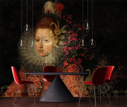 Dining area with a large decorative wall mural featuring a classical portrait and floral design, paired with modern red chairs and a black table.