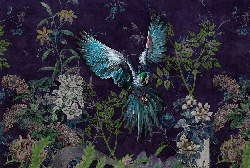 Blue Parrot Mural with Botanical Accents - Dewaar