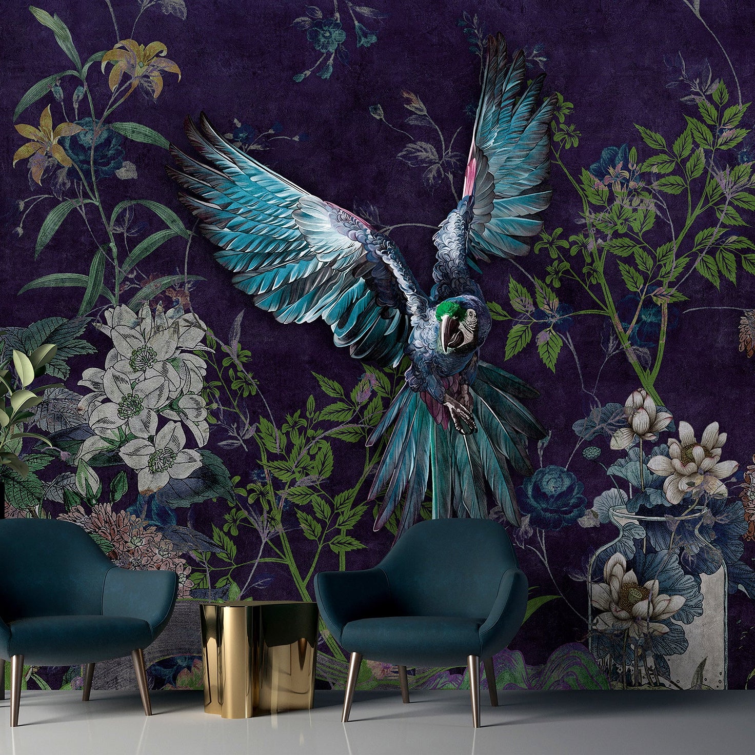 Decorative wall mural with a parrot and floral design in a room with chairs and a table.