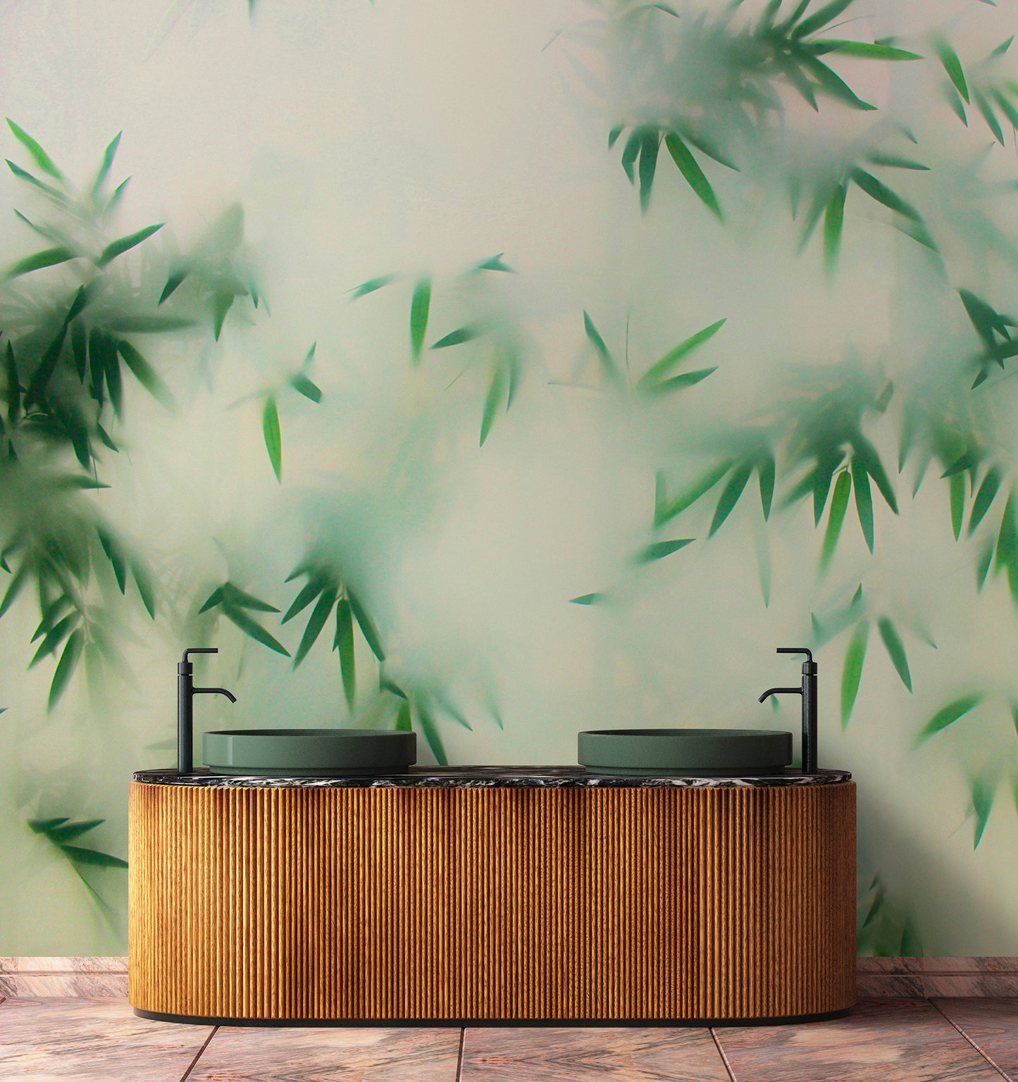 Abstract Bamboo Wall Mural, Misty Green Botanical Wall Art - Dewaar