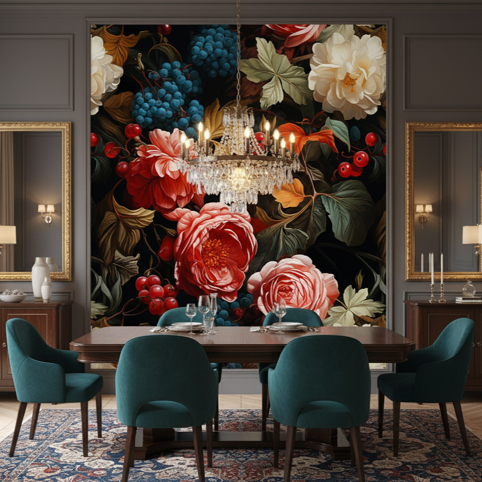 Dining room with floral wallpaper, chandelier, and teal chairs.