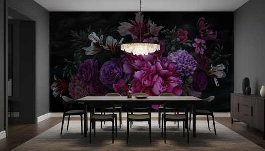 Dining room with a large floral mural on the wall