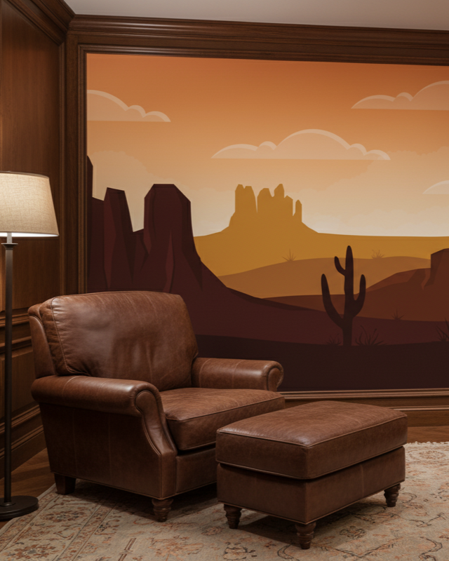 Library with leather chair, ottoman, and desert mural on the wall.