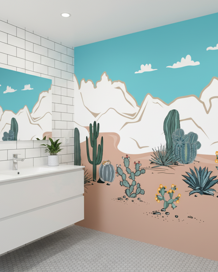 Bathroom with desert-themed wall mural featuring cacti and mountains.