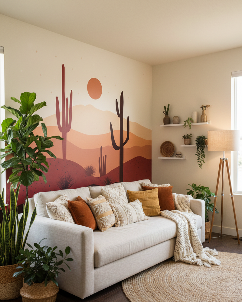 Living room with a white sofa, decorative pillows, and a desert-themed wall mural.