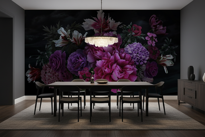 Dining room with a large floral mural on the wall