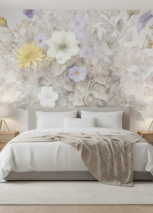 Bedroom with floral wall mural and wooden nightstands