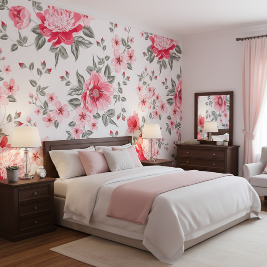 Bedroom with floral wallpaper, bed, nightstands, and a mirror.
