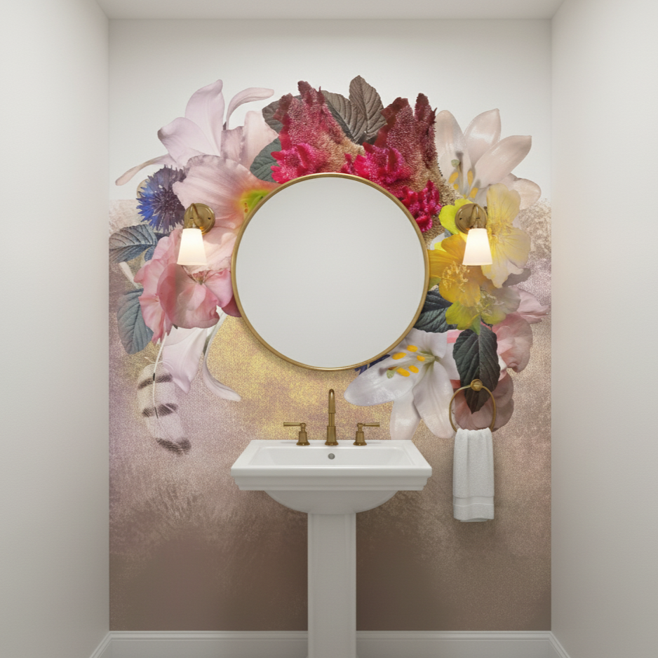 Luxe Botanical Floral & Gold Metallic Powder Room Mural