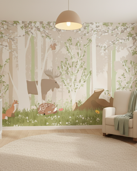 Nursery room with forest mural, crib, and changing table.