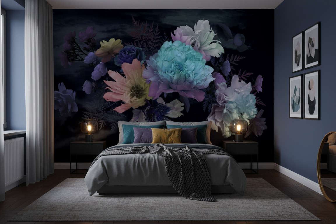 Modern bedroom with floral wall mural and decorative elements