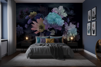 Modern bedroom with floral wall mural and decorative elements