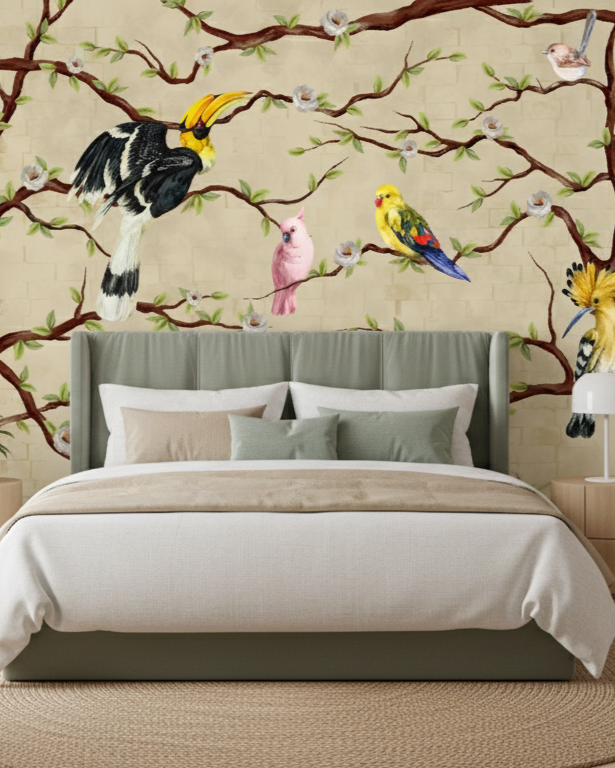 Modern bedroom with decorative wall mural of birds on branches