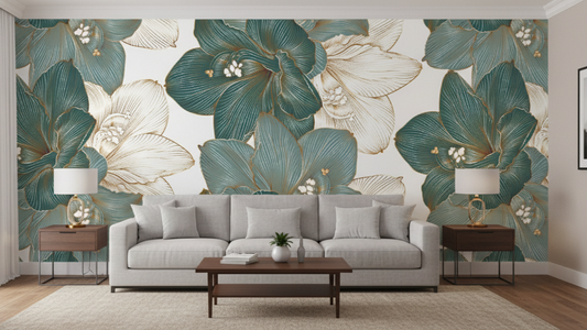 Living room with a large floral wall mural and modern furniture.