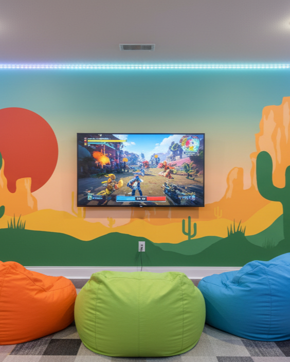 Children's playroom with colorful bean bags, bookshelves, and a wall mural.