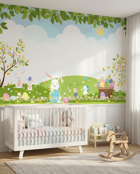Whimsical Spring Meadow & Easter Bunny Nursery Wall Mural