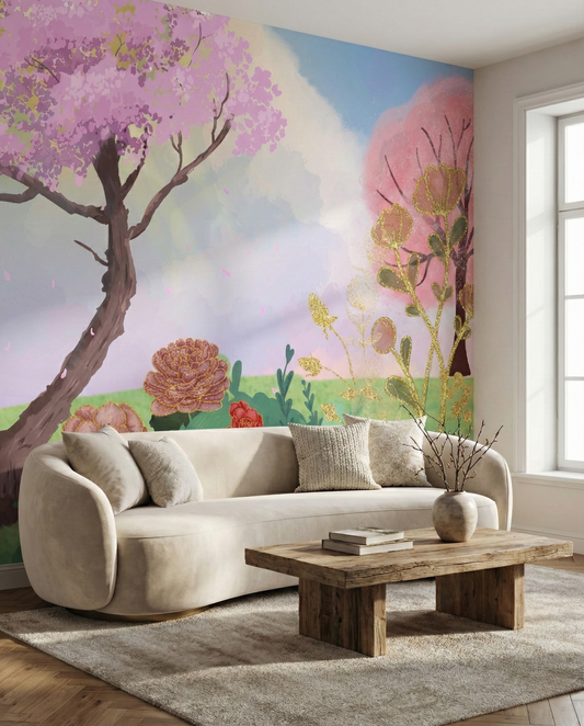 Enchanted Pink Cherry Blossom & Gold Floral Wall Mural
