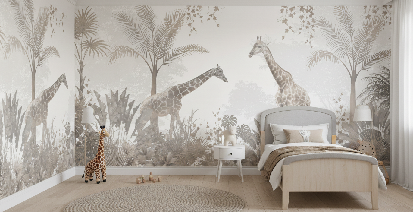 Gentle Giraffe Safari Mural, Neutral Tone Kids Room Wall Art