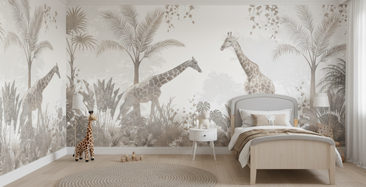 Gentle Giraffe Safari Mural, Neutral Tone Kids Room Wall Art