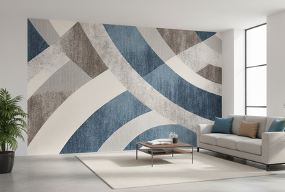 Abstract Geometric Arc Mural, Modern Blue & Grey Swirl Wall Covering