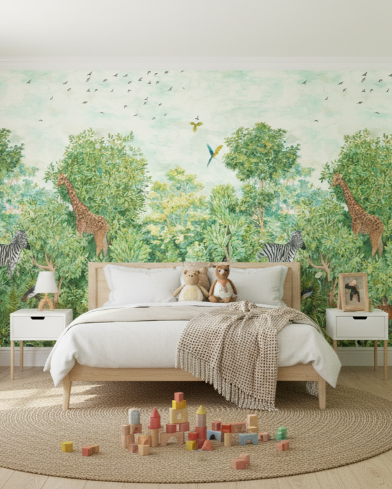 Children's bedroom with jungle-themed wallpaper, bed, and toys.