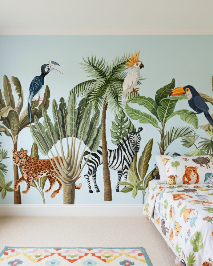 Children's room with jungle-themed wall mural and bedding