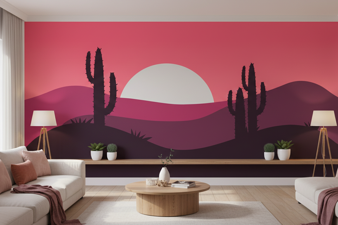 Minimalist Desert Sunset Wall Mural, Boho Saguaro Cactus Art