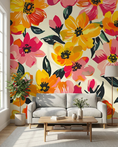 Large Scale Watercolor Floral Mural - Yellow & Pink Blooms