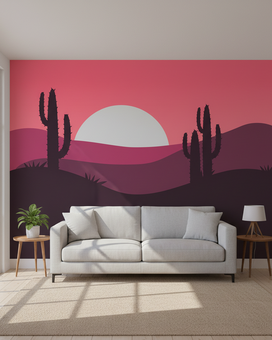 Minimalist Desert Sunset Wall Mural, Boho Saguaro Cactus Art
