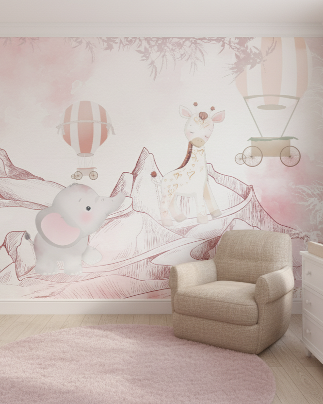 Nursery room with floral wallpaper, crib, chair, and changing table.