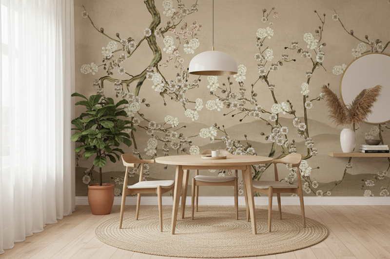 Dining room with floral wallpaper, wooden table, and chairs.