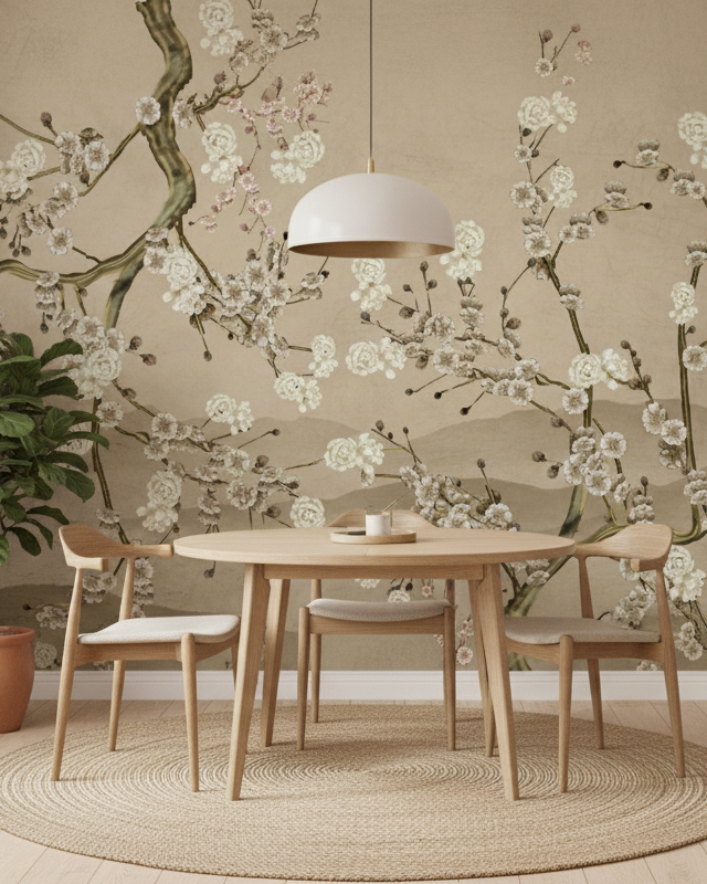 Dining area with wooden table and chairs against a floral wallpaper.