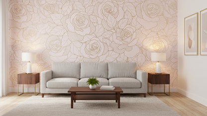 Living room with a gray sofa, coffee table, and decorative wall patterns.